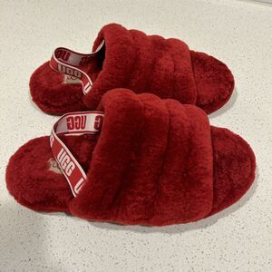 Ugg Kids Size 6 Fluff Yeah Sheepskin Slipper Slide Ribbon Red Style 1098494K